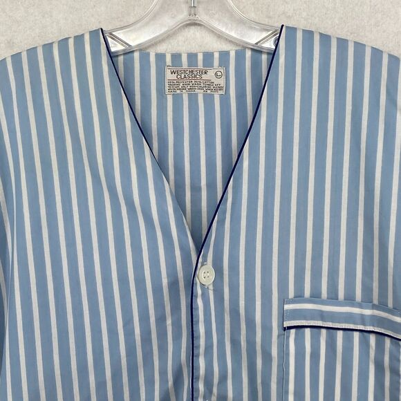 WESTCHESTER CLASSIC Pajama Top Mens L Striped Cotton Blend Button Up V-Neck Blue - Picture 3 of 11